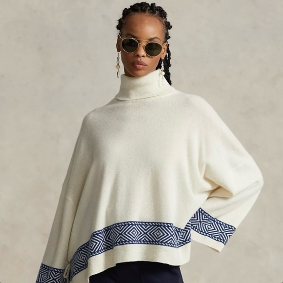 Polo Ralph Lauren Cashmere Geo-Motif Turtleneck Tassel Tie Sweater in Cream/Navy - Picture 2 of 9